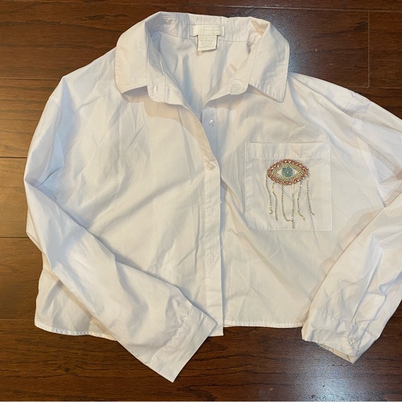 Hamsa  Evil Eye All Seeing Eye White Button Up Shirt Size L - Picture 1 of 5
